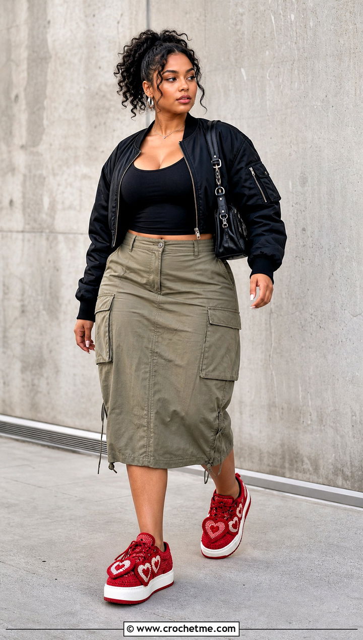 Heart Crochet Platform Sneakers With A Cargo Skirt - 15 Heart Embellished Crochet Shoes outfit ideas