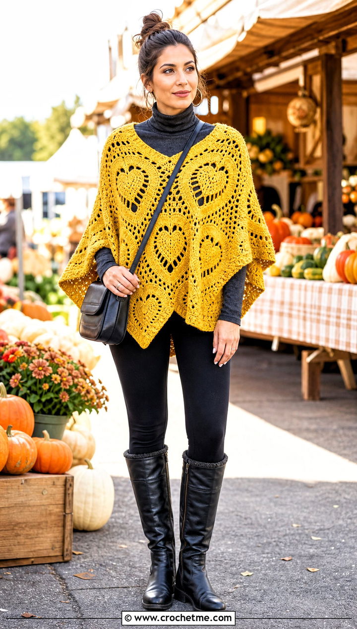 Heart Crochet Poncho With Leggings And Boots - 15 heart crochet clothing and outfit ideas