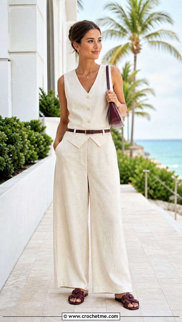 Heart Crochet Slide Sandals With A Linen Set - 15 Heart Embellished Crochet Shoes outfit ideas