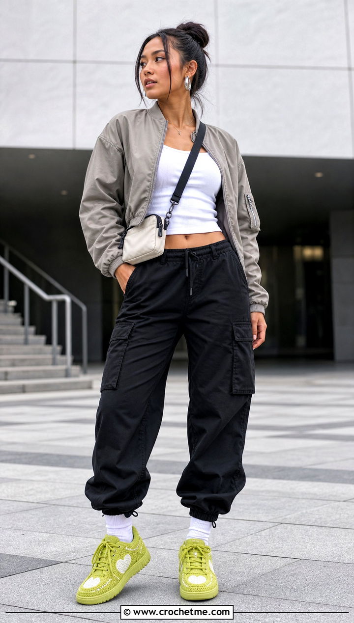 Heart Crochet Sneakers With Cargo Pants - 15 Heart Crochet Shoes outfit ideas