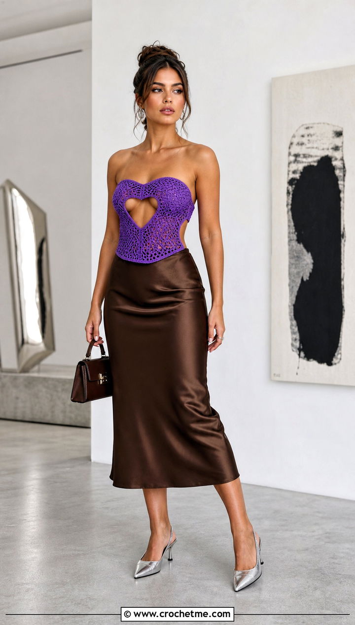 Heart Cut Out Crochet Corset Top With Satin Midi Skirt - 25 Heart Cut Out Crochet Top outfit ideas