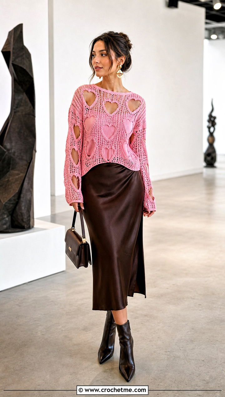 Heart Cutout Crochet Sweater With Satin Midi Skirt - 35 crochet heart sweater outfit ideas