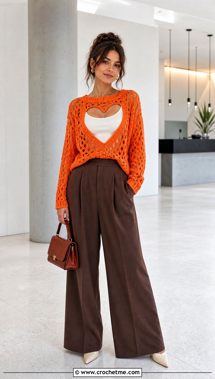 Heart Cutout Jumper With Wide Leg Trousers - 30 crochet heart jumper outfit ideas