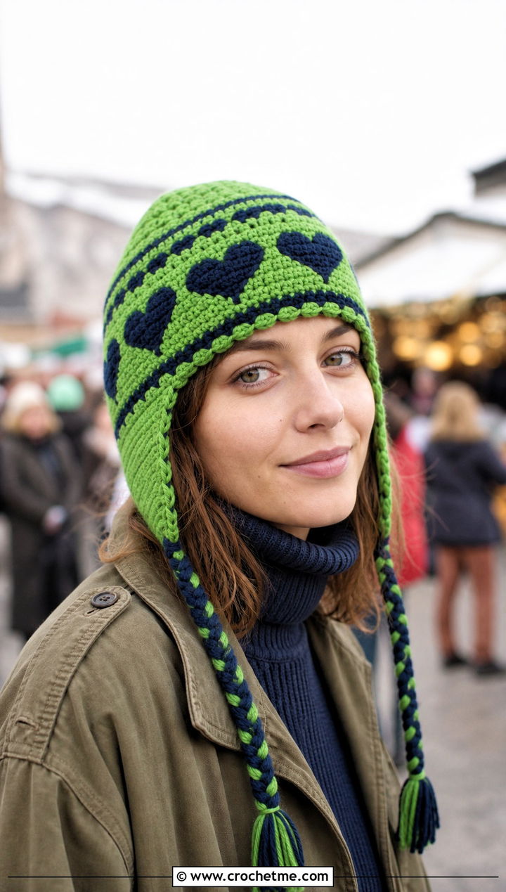 Heart Earflap Fair Isle Crochet Beanie With Utility Jacket - 15 Fair Isle Crochet Beanie outfit ideas
