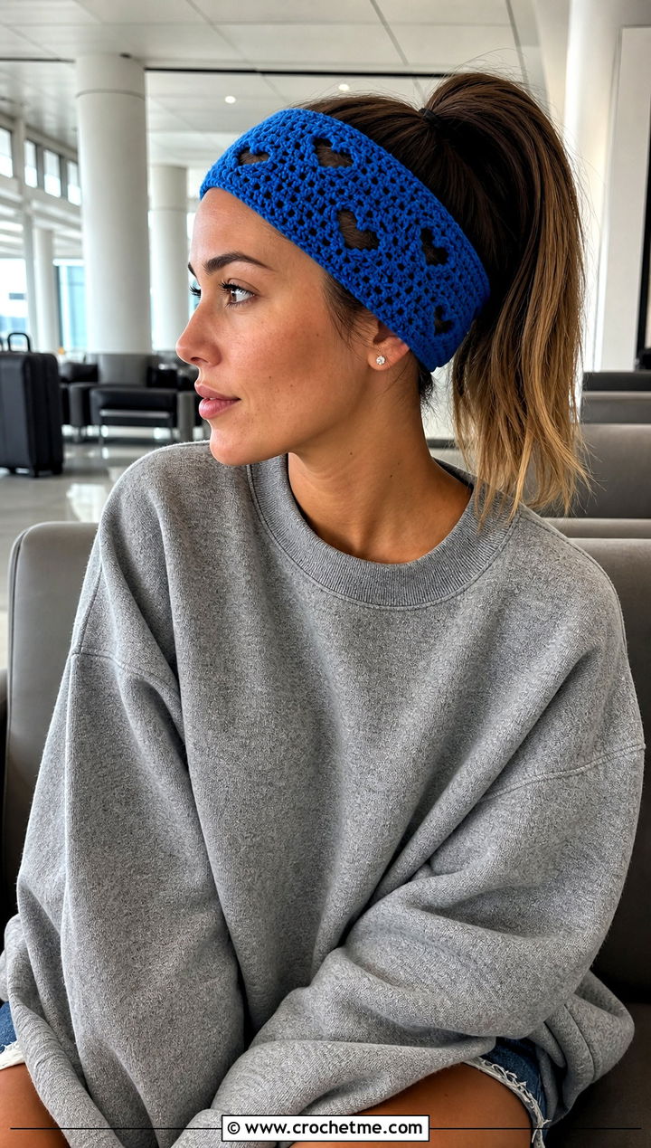 Heart Filet Crochet Lace Headband With Sweatshirt And Shorts - 30 crochet lace headband outfit ideas