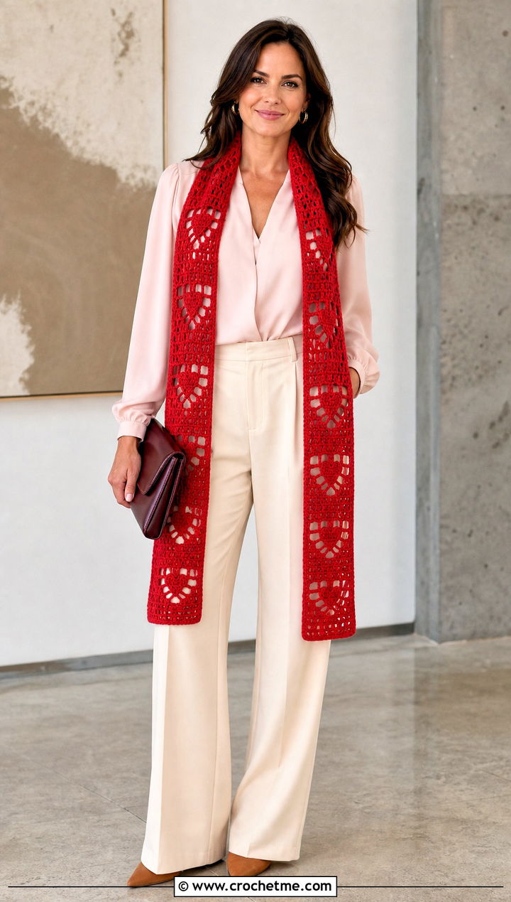 Heart Filet Crochet Scarf With A Blouse And Wide Leg Pants - 35 filet crochet scarf outfit ideas