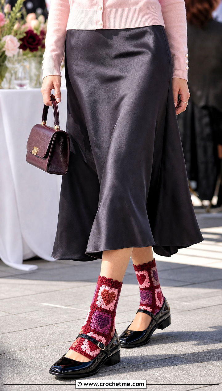 Heart Granny Square Ankle Socks With A Midi Skirt And Cardigan - 35 crochet granny square socks outfit ideas