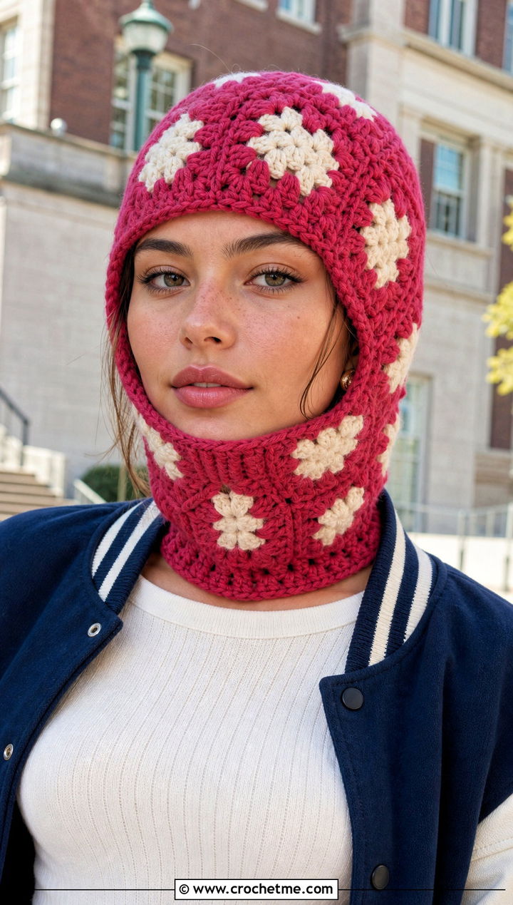 Heart Granny Square Balaclava With Varsity Jacket - 30 crochet granny square balaclava outfit ideas