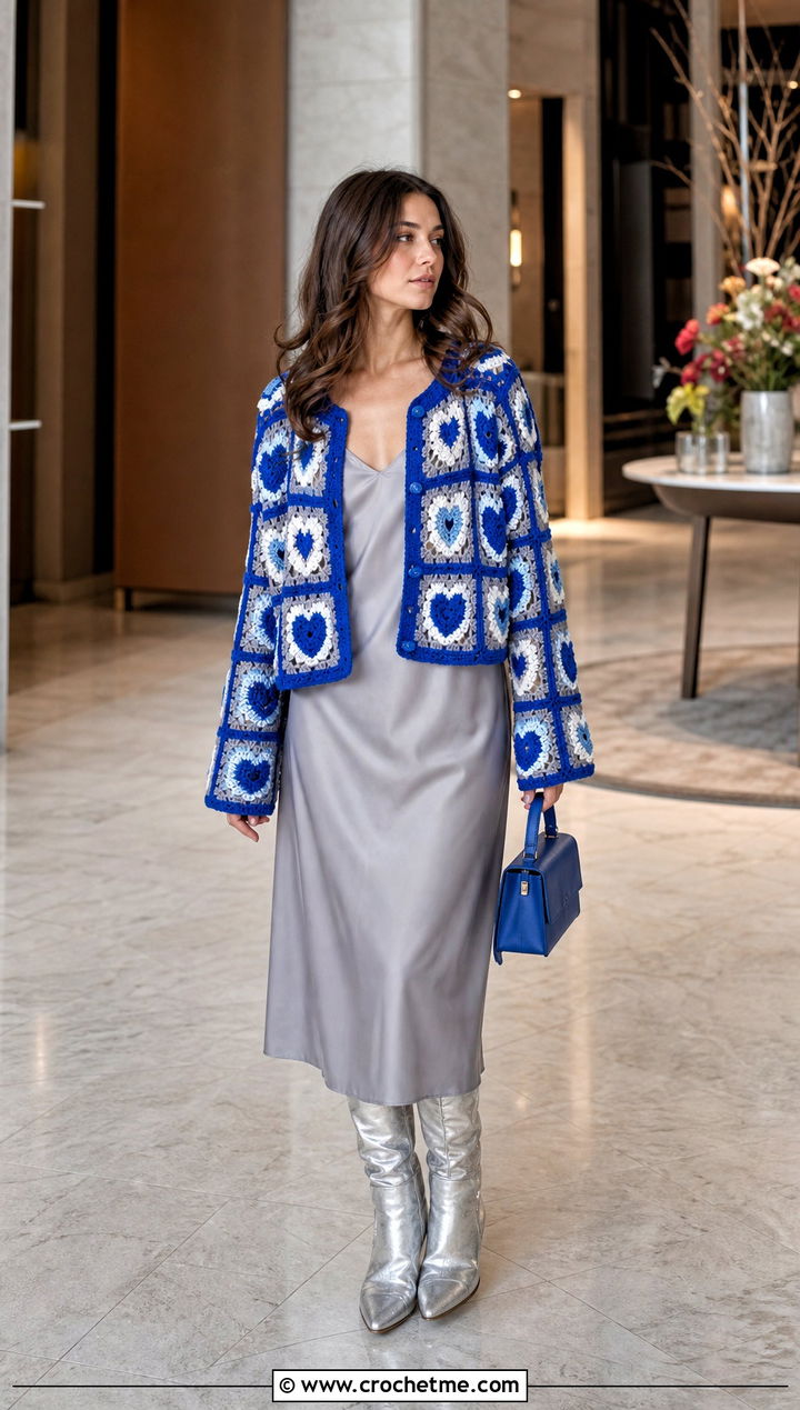 Heart Granny Square Cardigan With Slip Dress - 25 crochet valentine sweater outfit ideas
