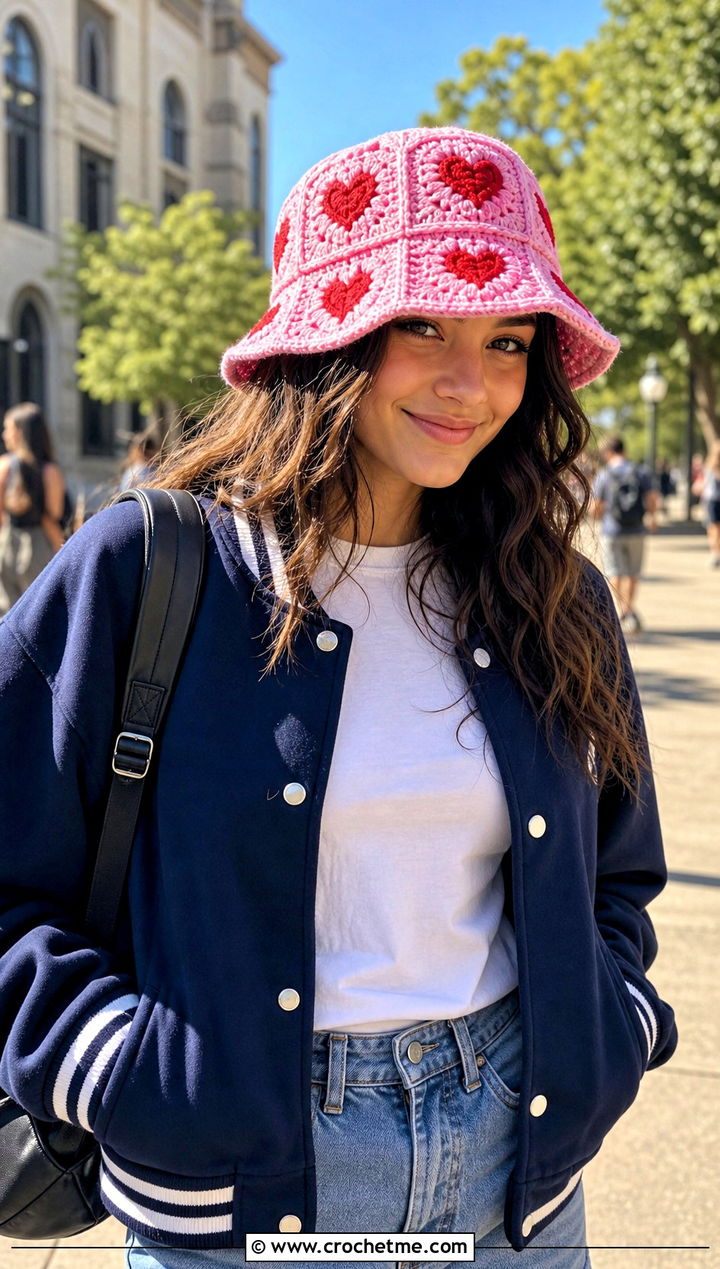 Heart Granny Square Crochet Bucket Hat With Varsity Jacket - 35 granny square crochet bucket hat outfit ideas