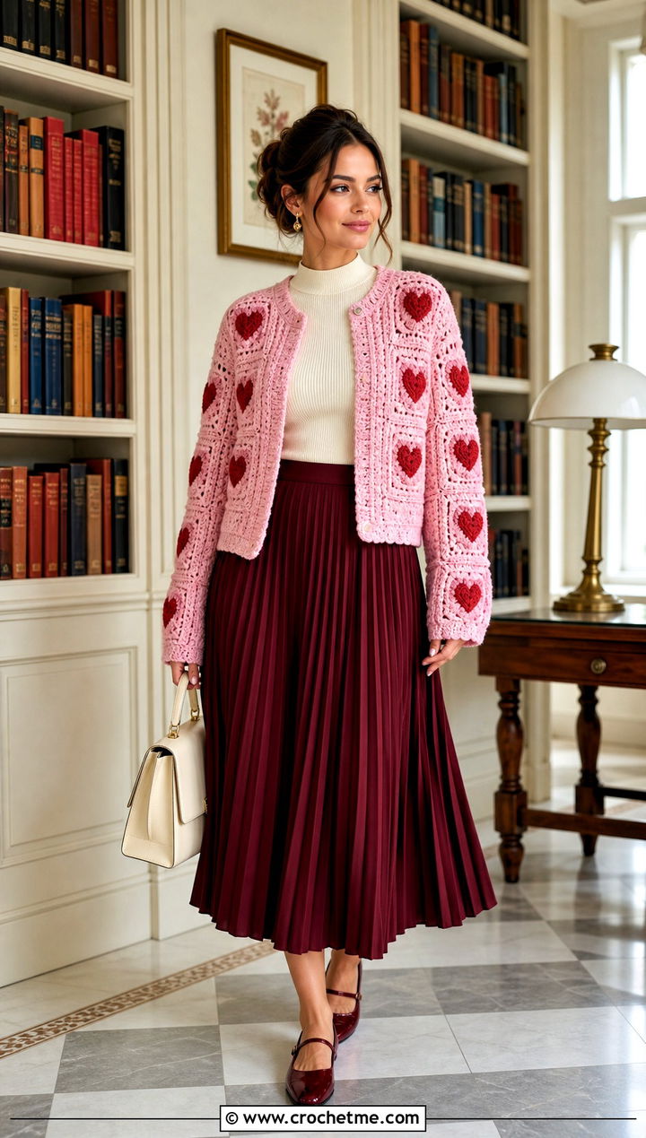 Heart Granny Square Crochet Cardigan With Pleated Skirt - 25 Crochet Cardigan From Square outfit ideas