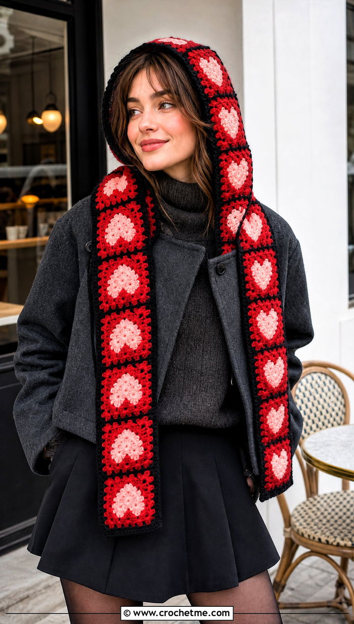 Heart Granny Square Crochet Hooded Scarf With Mini Skirt - 30 Granny Square Crochet Hooded Scarf outfit ideas