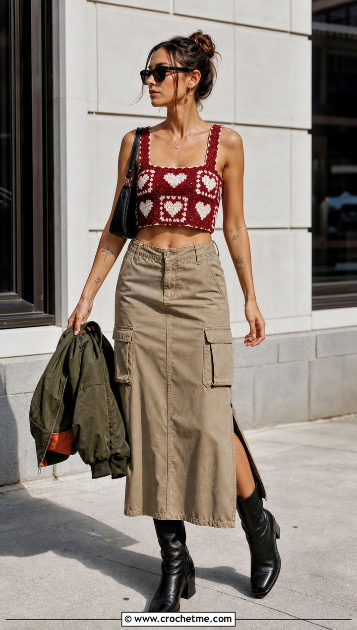 Heart Granny Square Crop Top With Cargo Midi Skirt - 30 granny square crop top outfit ideas