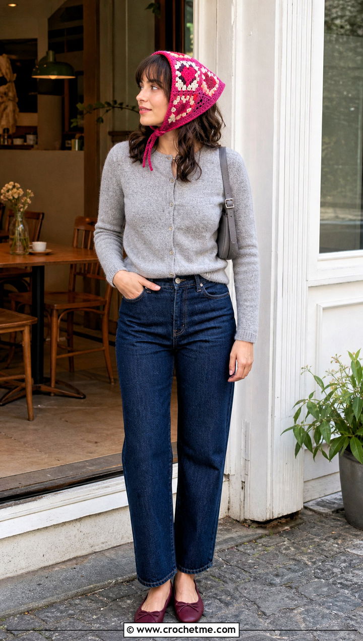 Heart Granny Square Head Scarf With Cardigan And Straight Jeans - 35 granny square head scarf outfit ideas