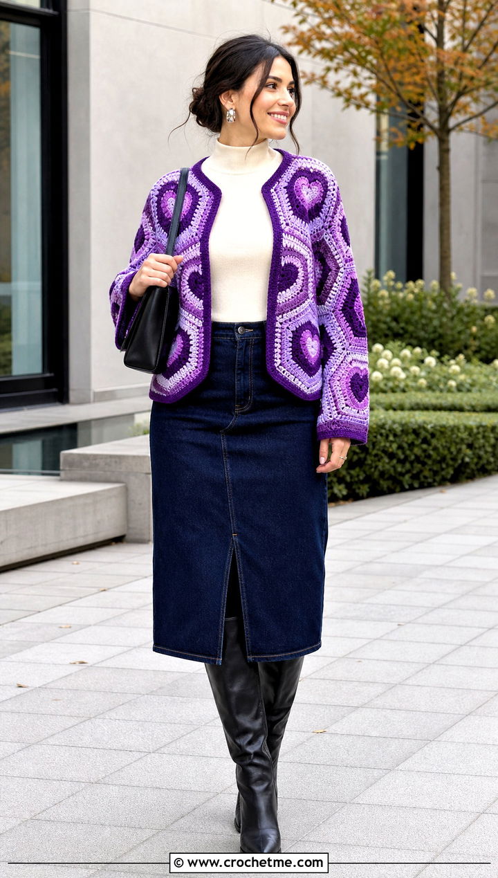 Heart Granny Square Hexagon Crochet Cardigan With Denim Midi Skirt - 20 Hexagon Crochet Cardigan With Granny Squares outfit ideas