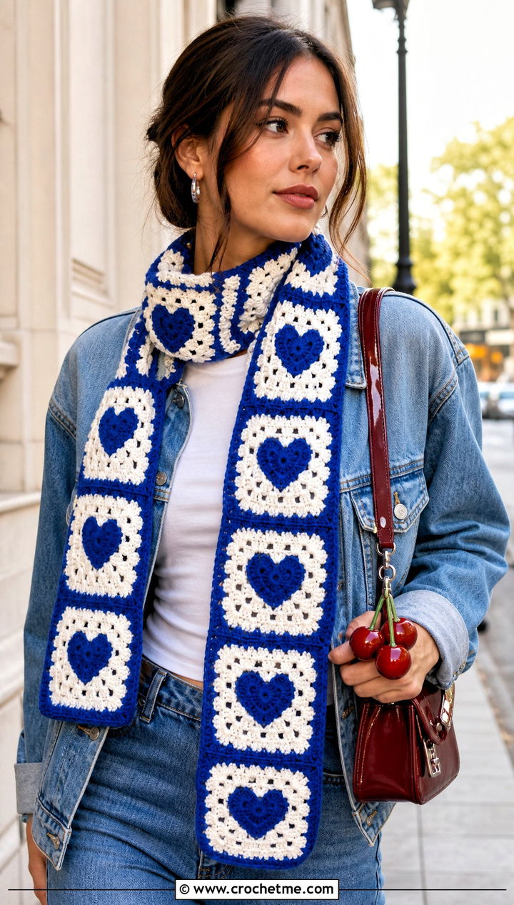 Heart Granny Square Scarf With Denim Jacket - 25 crochet heart scarf outfit ideas