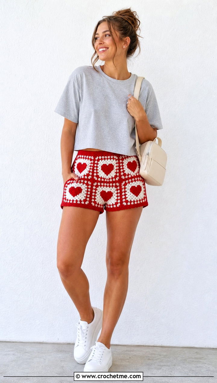 Heart Granny Square Shorts With Boxy T Shirt - 35 granny square shorts outfit ideas