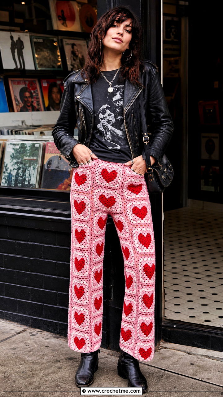 Heart Granny Square Straight Leg Pants With Graphic T Shirt And Moto Boots - 35 crochet granny square pants outfit ideas