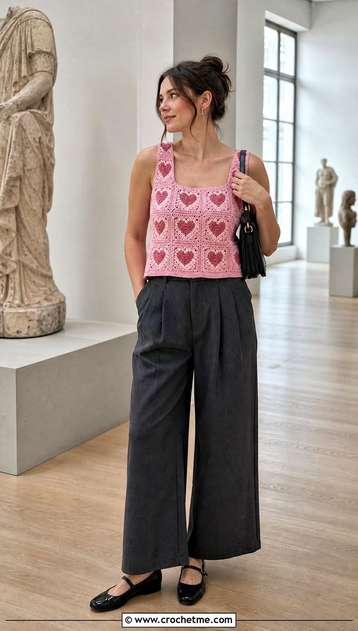 Heart Granny Square Tank Top With Pleated Trousers - 25 Crochet Granny Square Tank Top outfit ideas