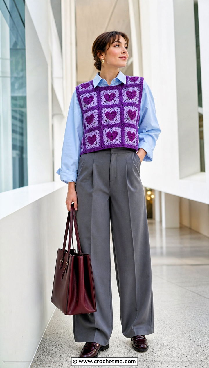 Heart Granny Square Vest With Tailored Trousers - 15 heart crochet clothing and outfit ideas