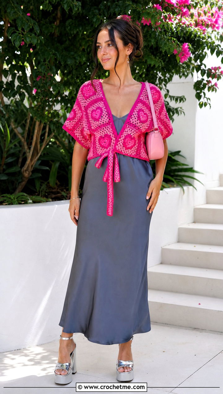 Heart Granny Square Wrap Top Over A Slip Dress - 35 granny square wrap top outfit ideas