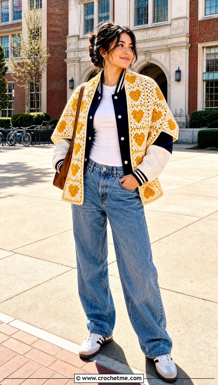 Heart Granny Square Wrap With Varsity Jacket - 30 granny square wrap outfit ideas