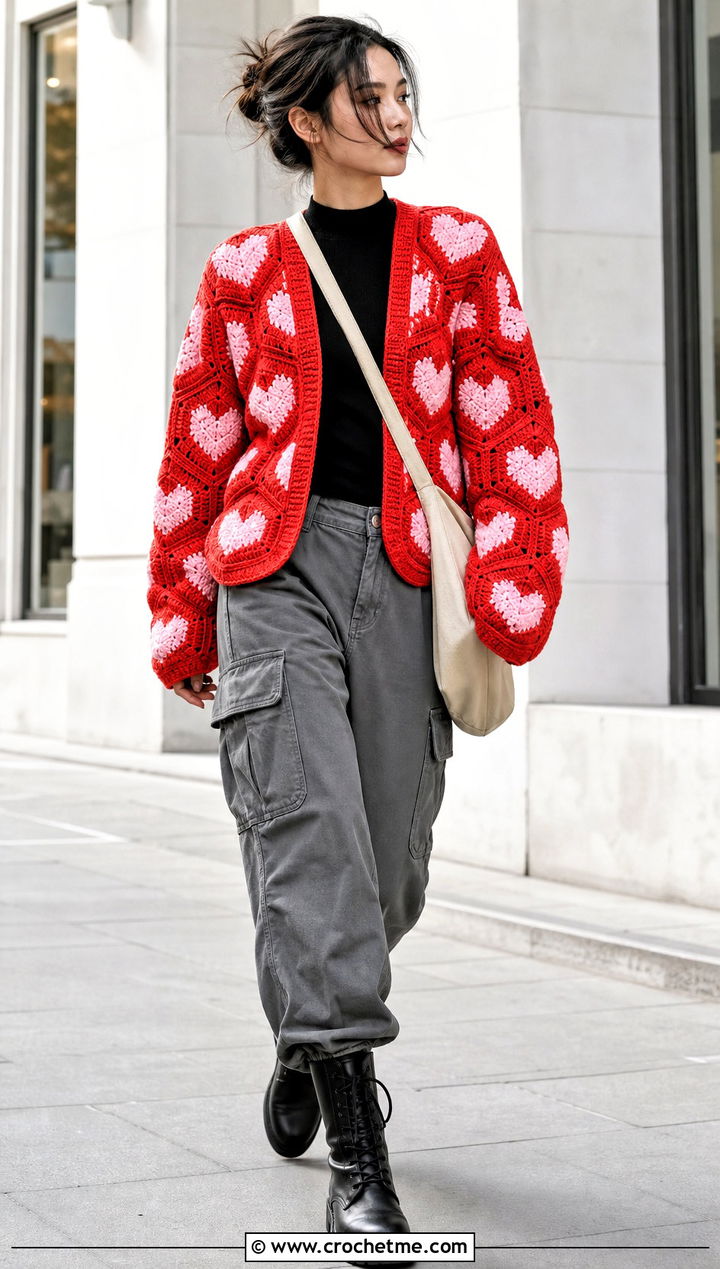 Heart Hexagon Cardigan With Utility Pants - 35 crochet heart cardigan outfit ideas