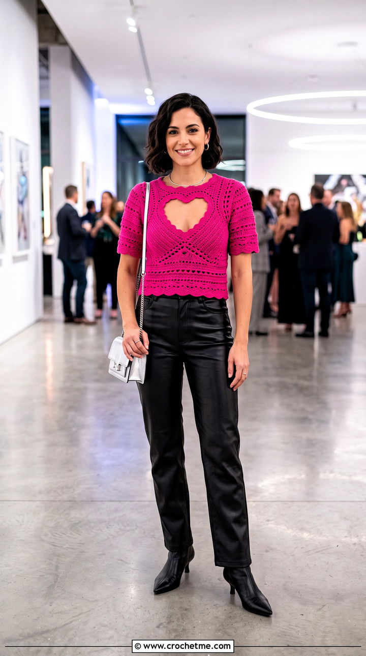 Heart Keyhole Crochet Top With Leather Pants - 30 crochet keyhole top outfit ideas