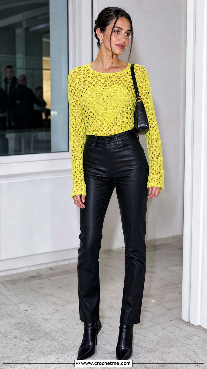 Heart Long Sleeve Crochet Top With Coated Jeans - 35 crochet y2k top outfit ideas