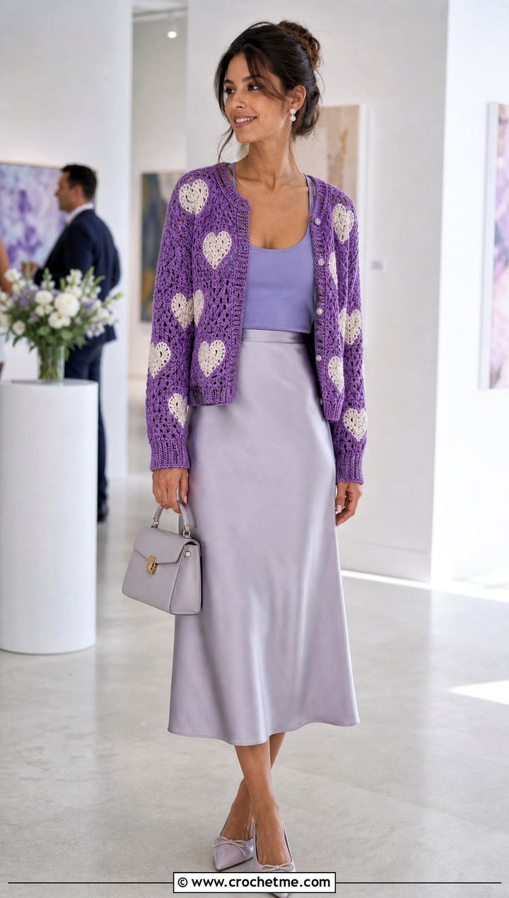 Heart Motif Cardigan With Satin Midi Skirt - 25 kawaii crochet cardigan outfit ideas