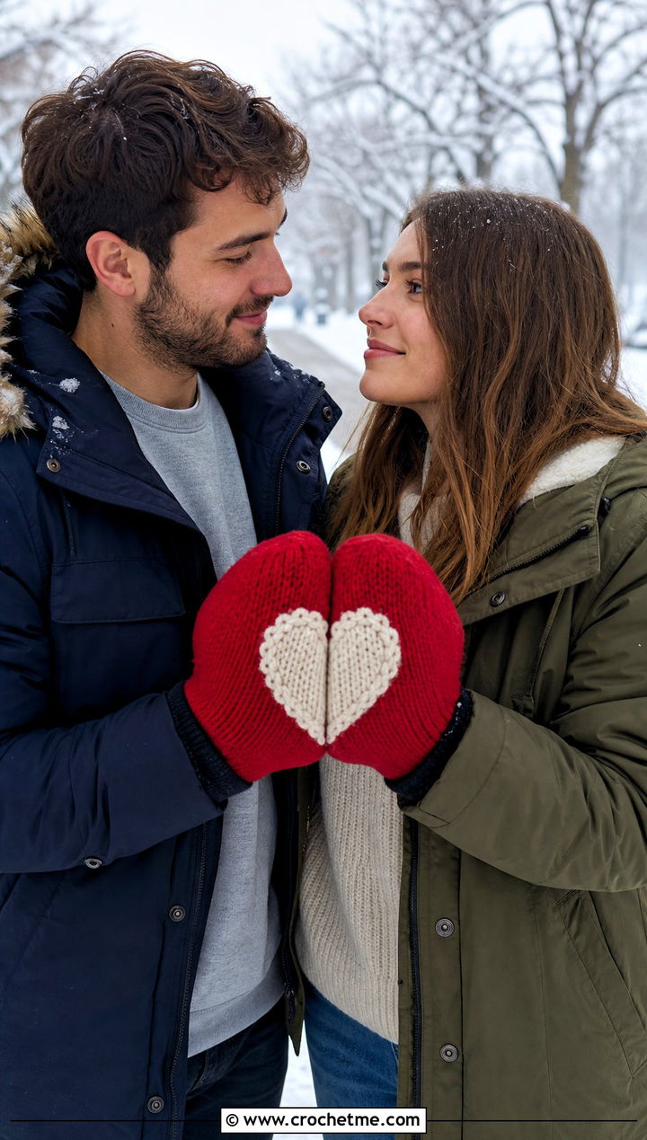 Heart Motif Couple Mittens With Parkas - 25 crochet couple mittens outfit ideas