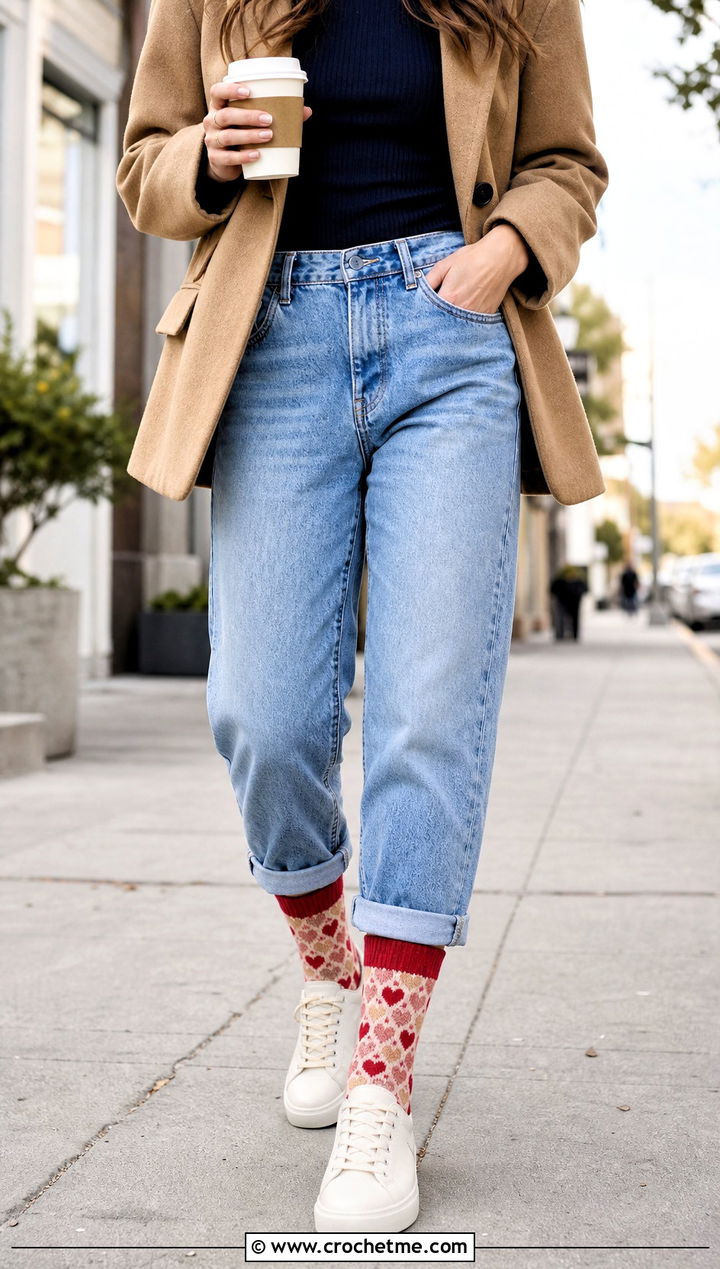 Heart Motif Crew Crochet Winter Socks With Boyfriend Jeans - 30 crochet winter socks outfit ideas