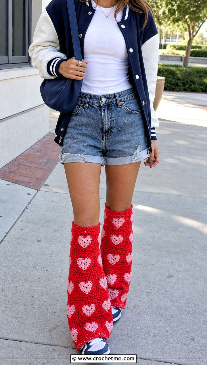 Heart Motif Crochet Flared Leg Warmers With Varsity Jacket - 30 Crochet Flared Leg Warmers outfit ideas