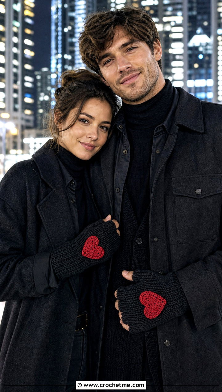 Heart Motif Crochet Gloves With Monochrome Outfits - 25 Crochet Gloves For Couples outfit ideas