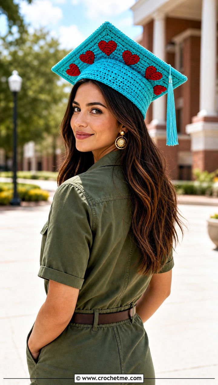 Heart Motif Crochet Graduation Cap Cover With Utility Jumpsuit - 30 crochet graduation cap cover outfit ideas