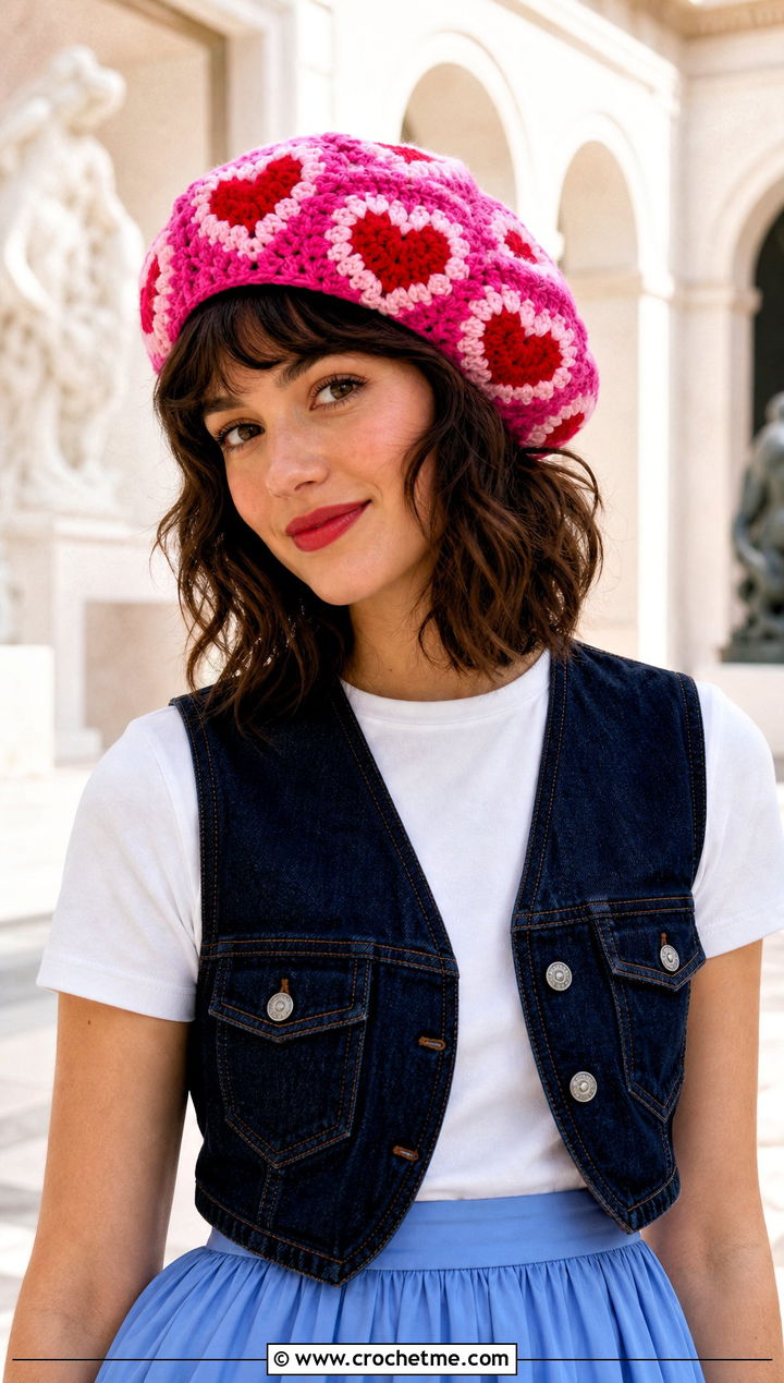 Heart Motif Crochet Granny Square Beret With Denim Vest And Poplin Skirt - 25 Crochet Granny Square Beret outfit ideas