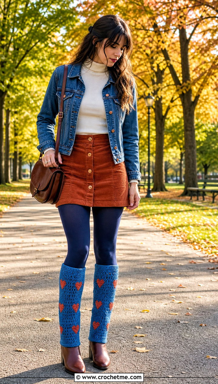 Heart Motif Crochet Leg Warmers With Corduroy Skirt - 35 Easy Crochet Leg Warmers outfit ideas