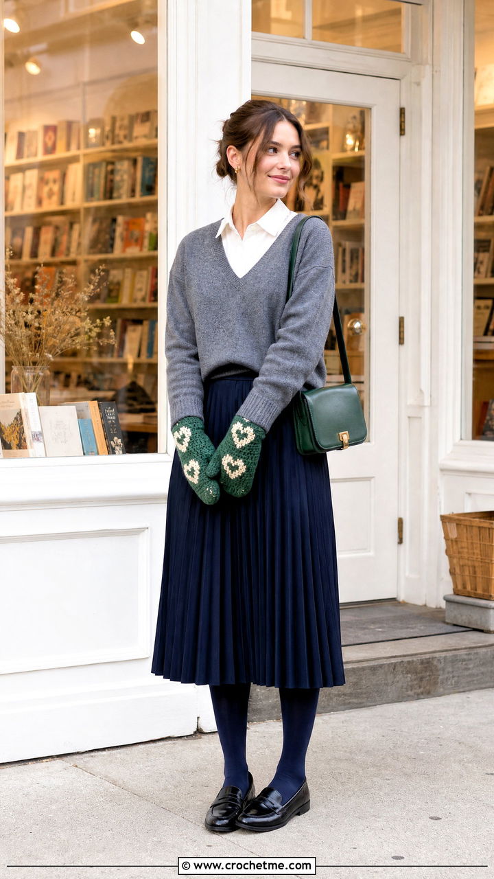 Heart Motif Crochet Mittens With Preppy Outfit - 35 crochet mittens outfit ideas