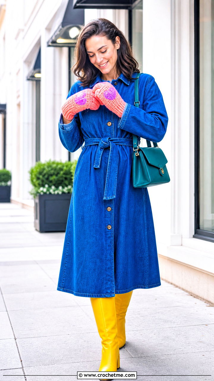 Heart Motif Crochet Mitts With Denim Dress - 35 crochet gloves outfit ideas