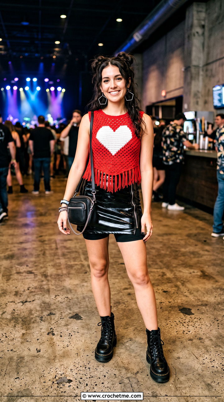 Heart Motif Crochet Rave Top With Vinyl Mini Skirt - 35 crochet rave top outfit ideas