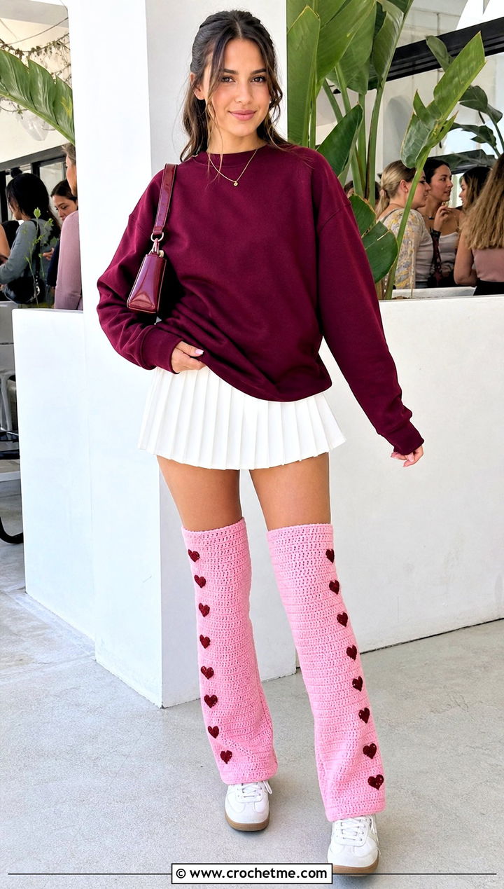Heart Motif Crochet Thigh High Leg Warmers With Tennis Skirt - 25 Crochet Thigh High Leg Warmers outfit ideas