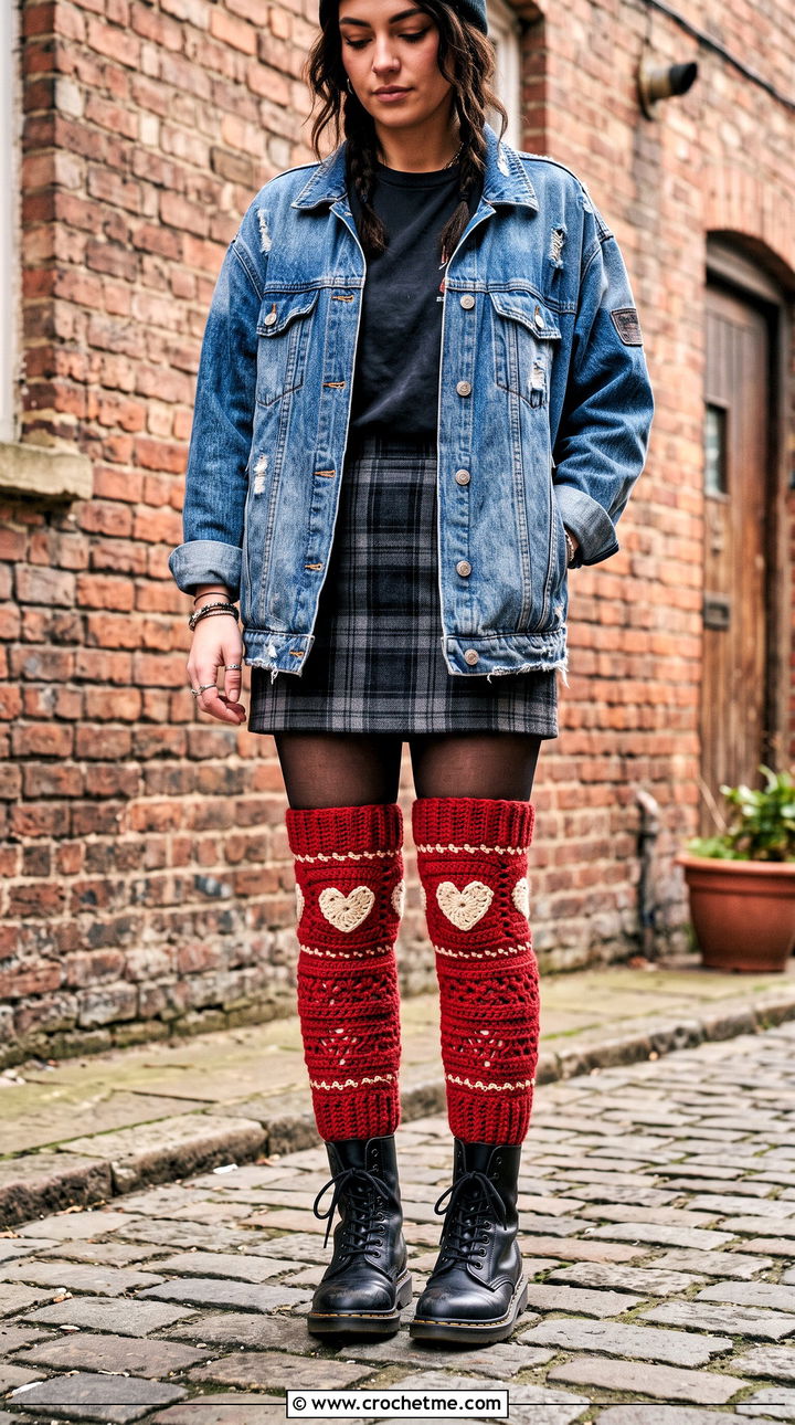 Heart Motif Crochet Thigh High Socks With Plaid Skirt - 30 crochet long socks outfit ideas