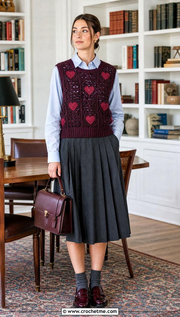 Heart Motif Crochet Vest With Poplin Shirt And Pleated Skirt - 15 heart crochet top outfit ideas