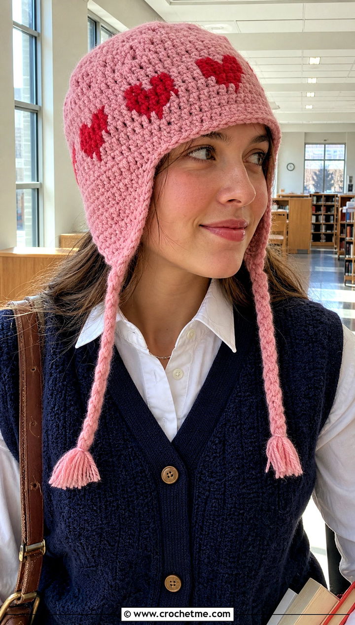 Heart Motif Ear Flap Beanie With Cardigan Vest - 30 crochet ear flap beanie outfit ideas