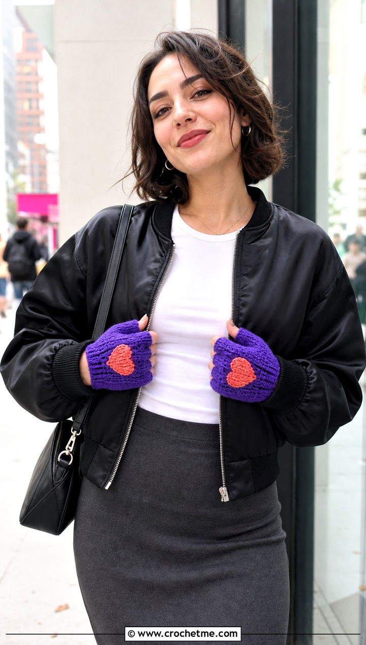 Heart Motif Fingerless Crochet Gloves With Bomber Jacket - 30 fingerless crochet gloves outfit ideas