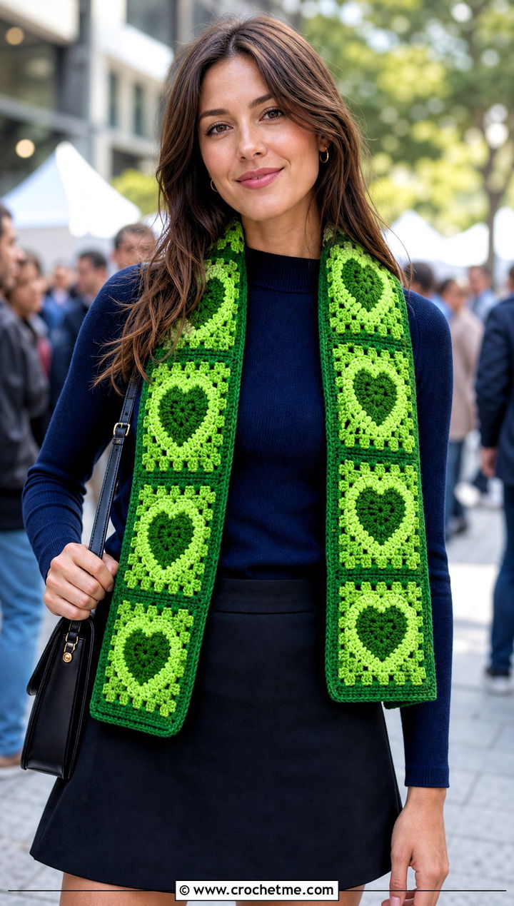 Heart Motif Granny Square Scarf With Crewneck Sweater And Mini Skirt - 30 crochet scarf squares outfit ideas