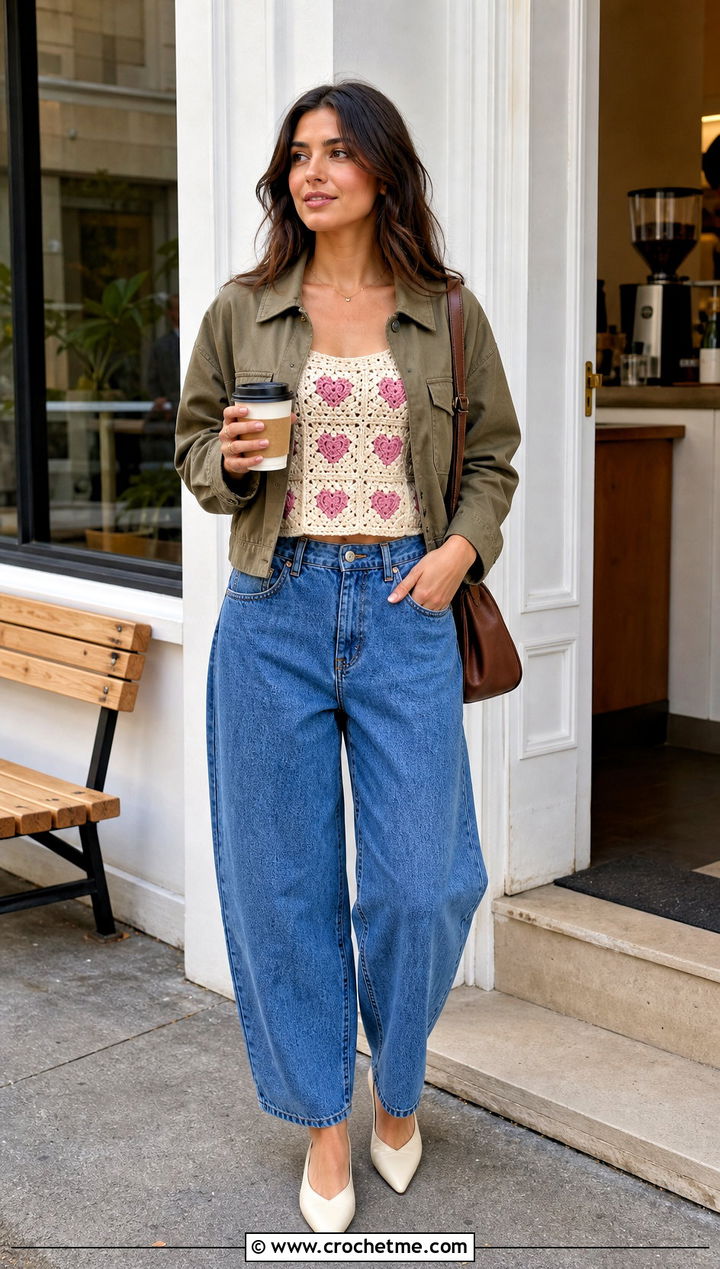 Heart Motif Granny Square Tank Top With Barrel Jeans - 25 Crochet Square Tank Top outfit ideas