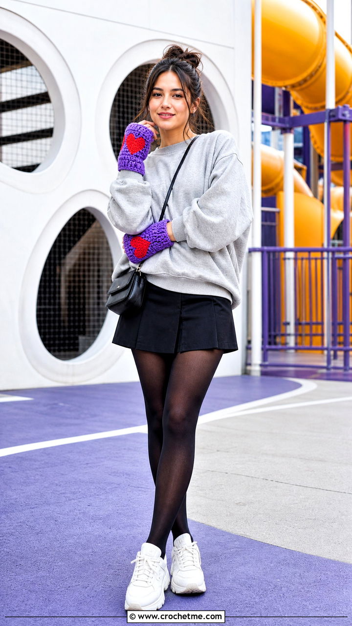 Heart Motif Handwarmers With Oversized Sweatshirt - 35 Crochet Handwarmer outfit ideas