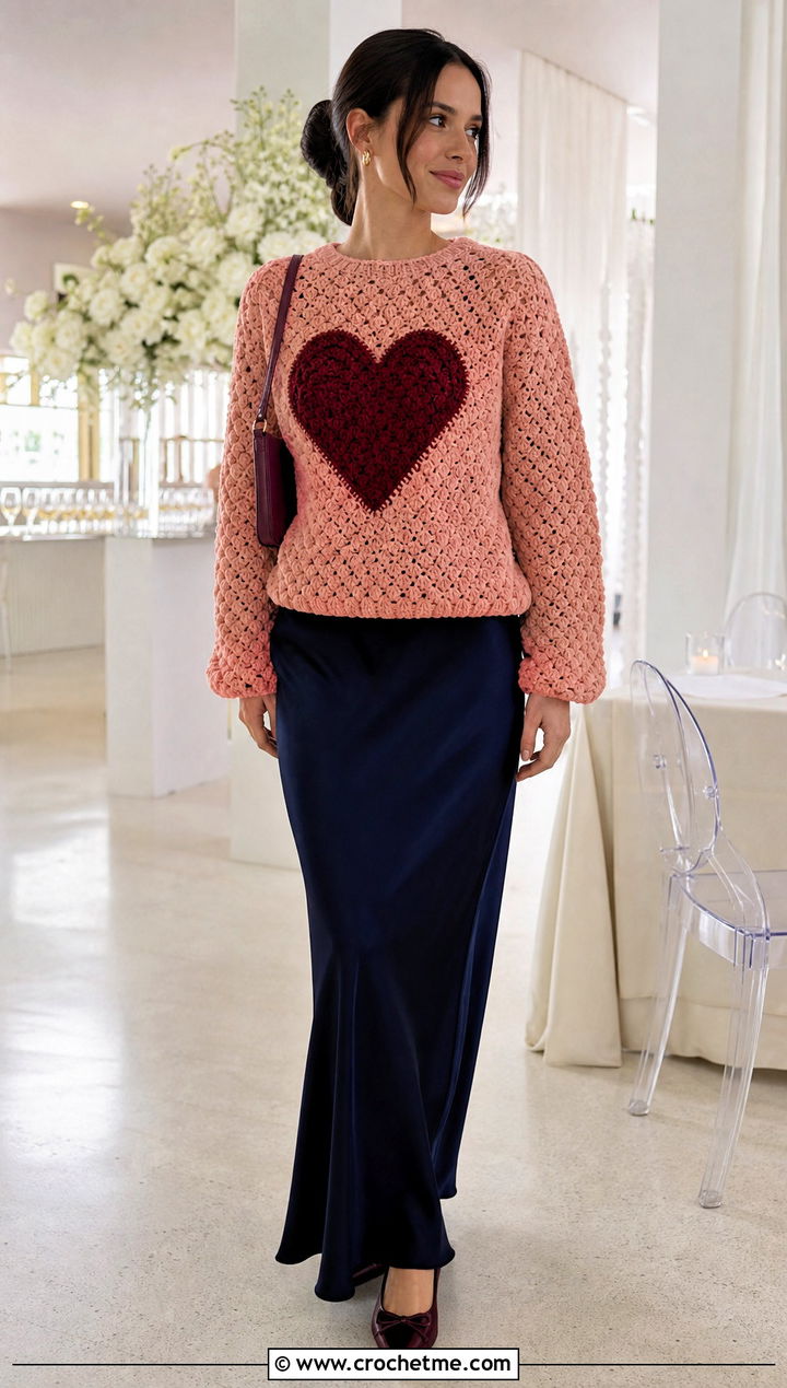 Heart Motif Tapestry Crochet Jumper With Bias Cut Maxi Skirt - 30 Tapestry Crochet Jumper outfit ideas