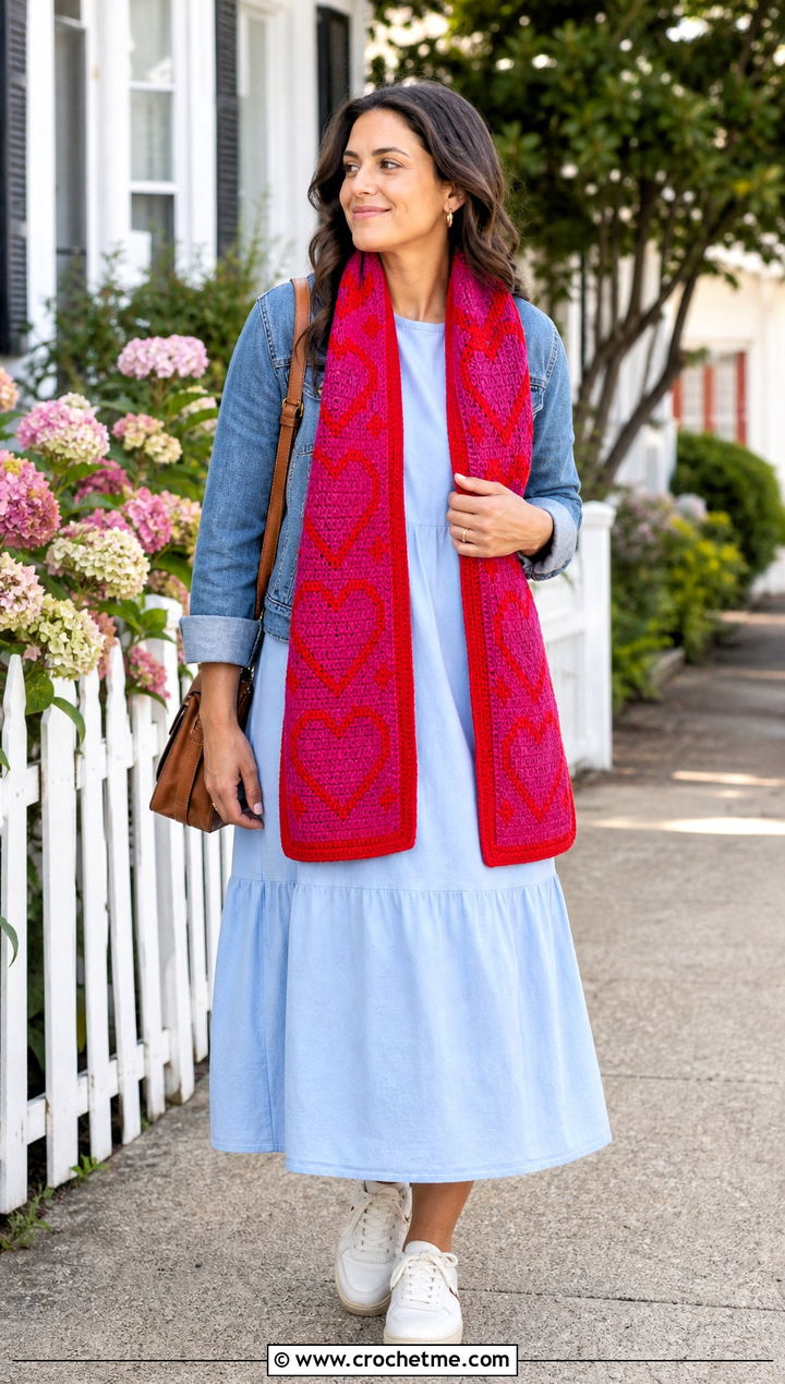 Heart Motif Tapestry Crochet Scarf With Casual Dress - 35 tapestry crochet scarf outfit ideas